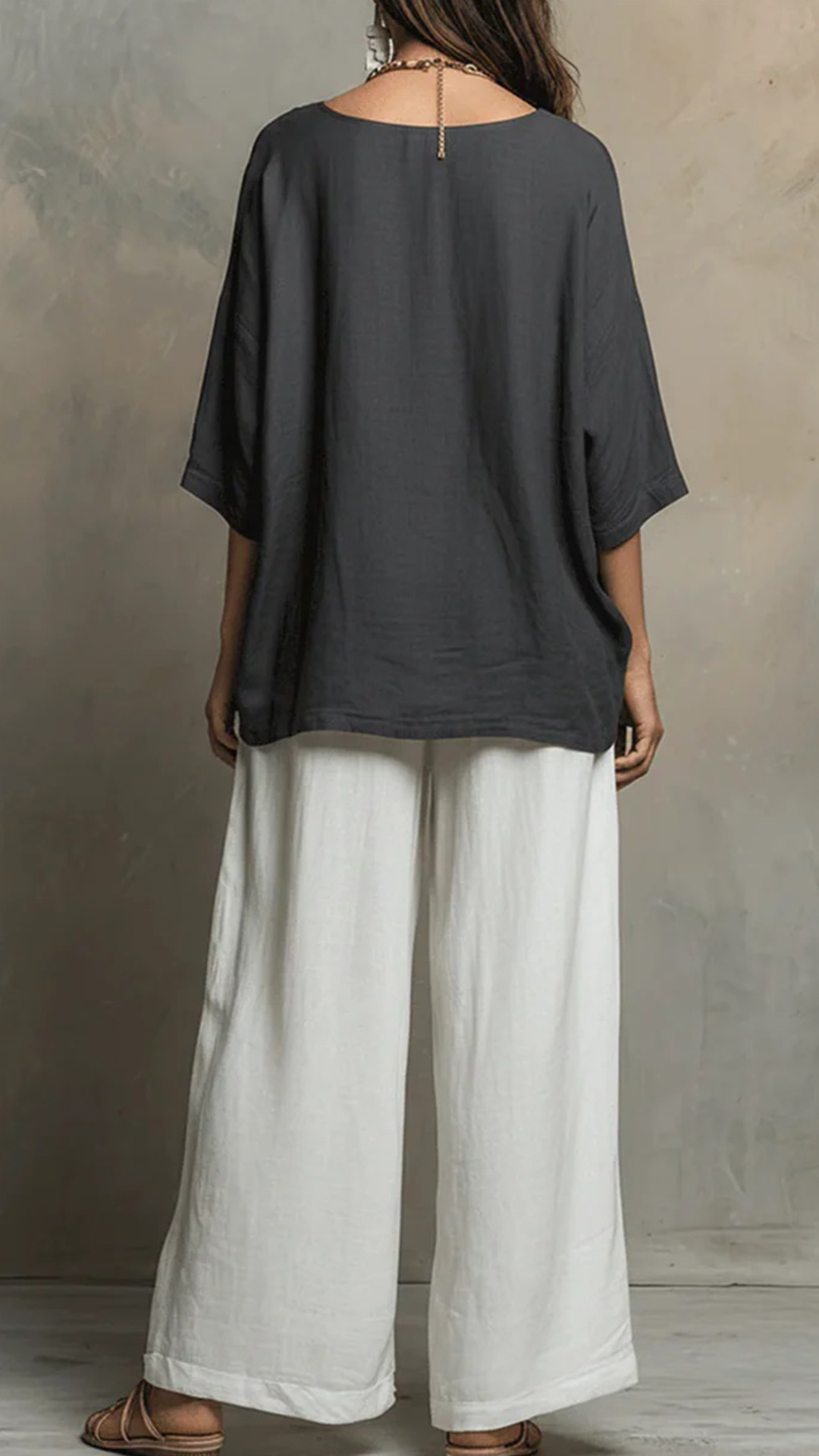 Women's loose-fit linen-blend top and wide-leg trousers set