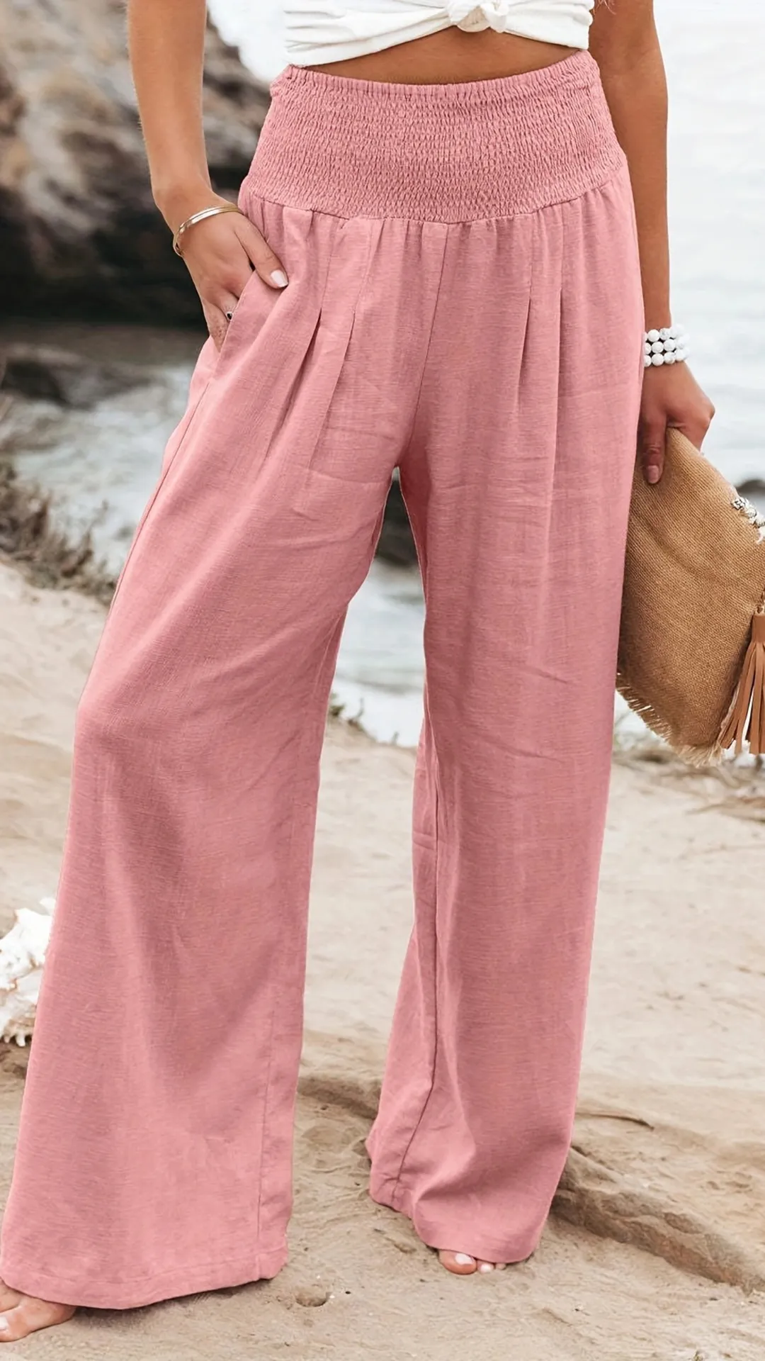 Women's Cotton Blend Smocked High Waist Wide Leg Pants