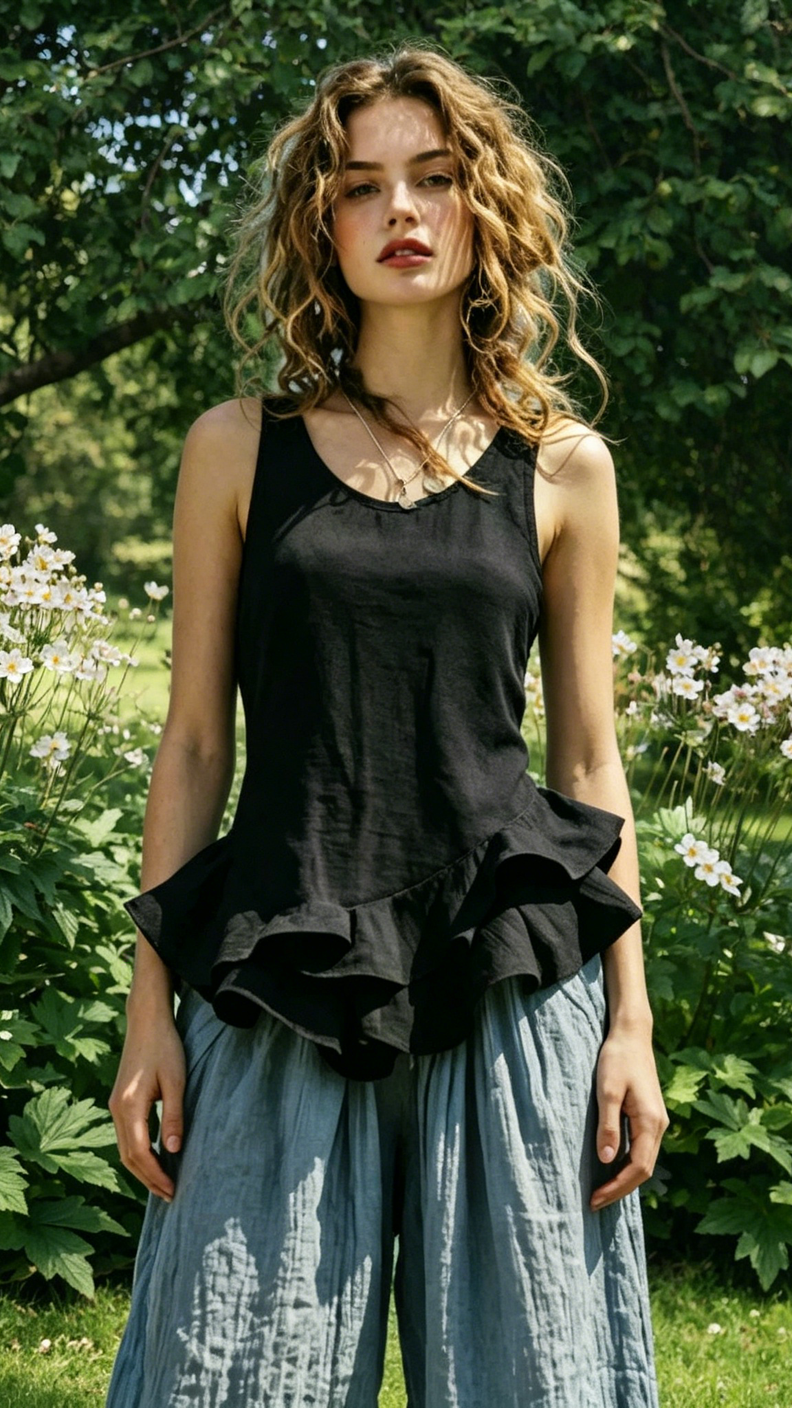Women's Cotton-Linen Ruffle Sleeveless Vest Top